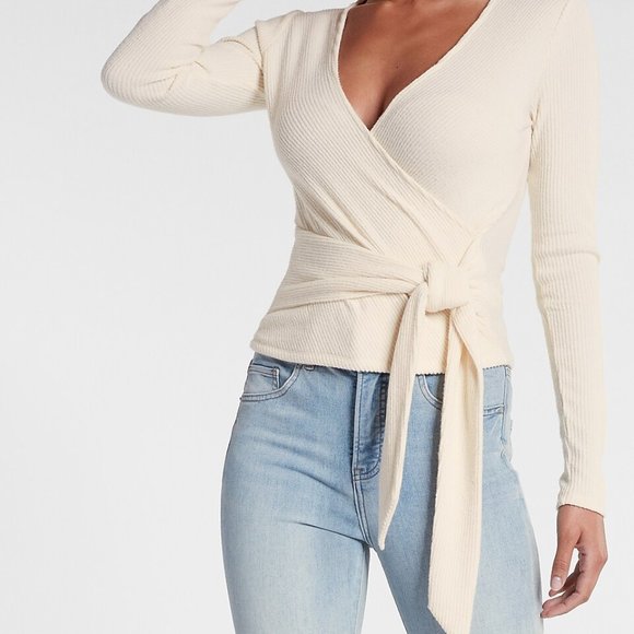 Express long sleeve beige faux wrap top - Picture 5 of 5